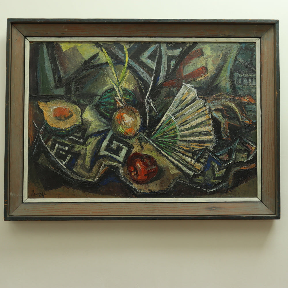 AW684: Martha Luzzi WPA Artist Abstract Still Life Oil on Masonite Circa 1940's