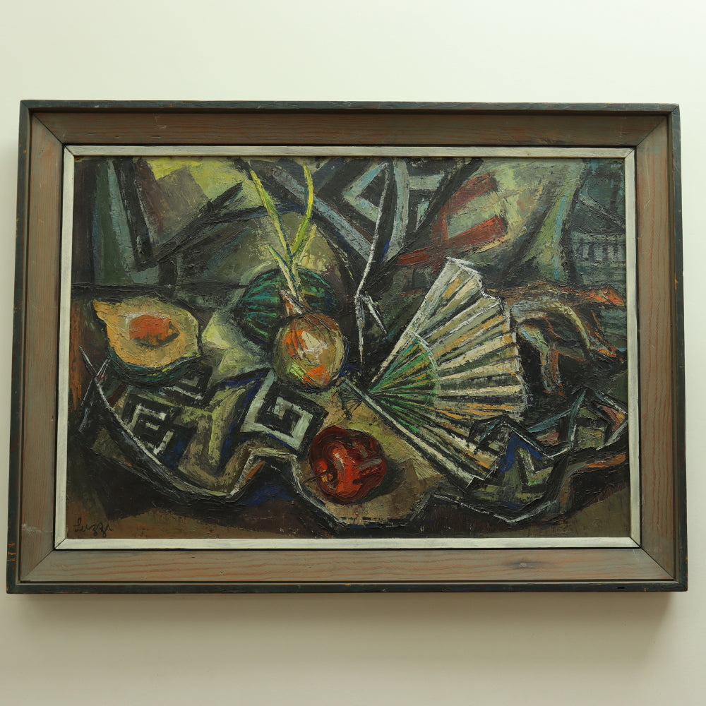 AW684: Martha Luzzi WPA Artist Abstract Still Life Oil on Masonite Circa 1940's