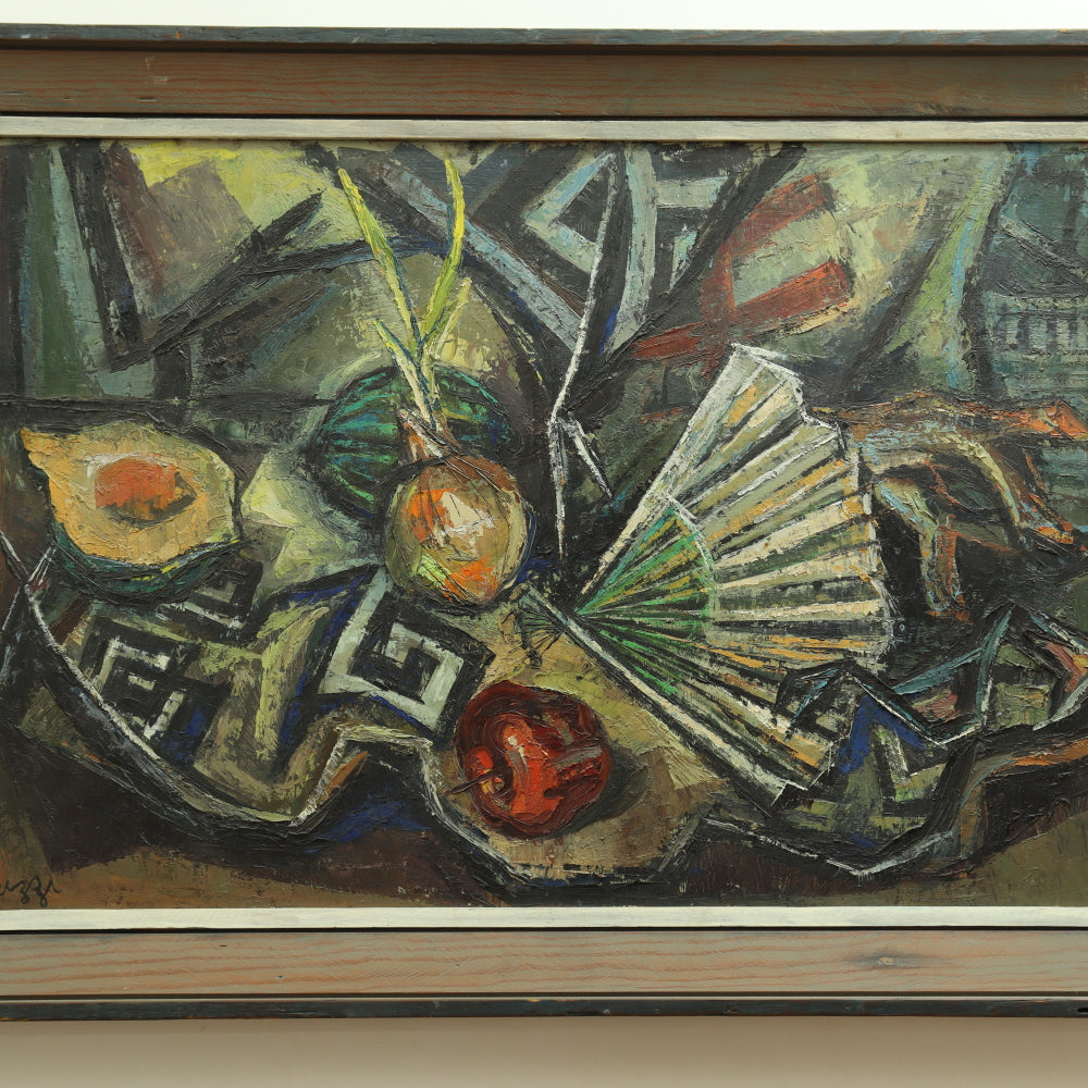 AW684: Martha Luzzi WPA Artist Abstract Still Life Oil on Masonite Circa 1940's