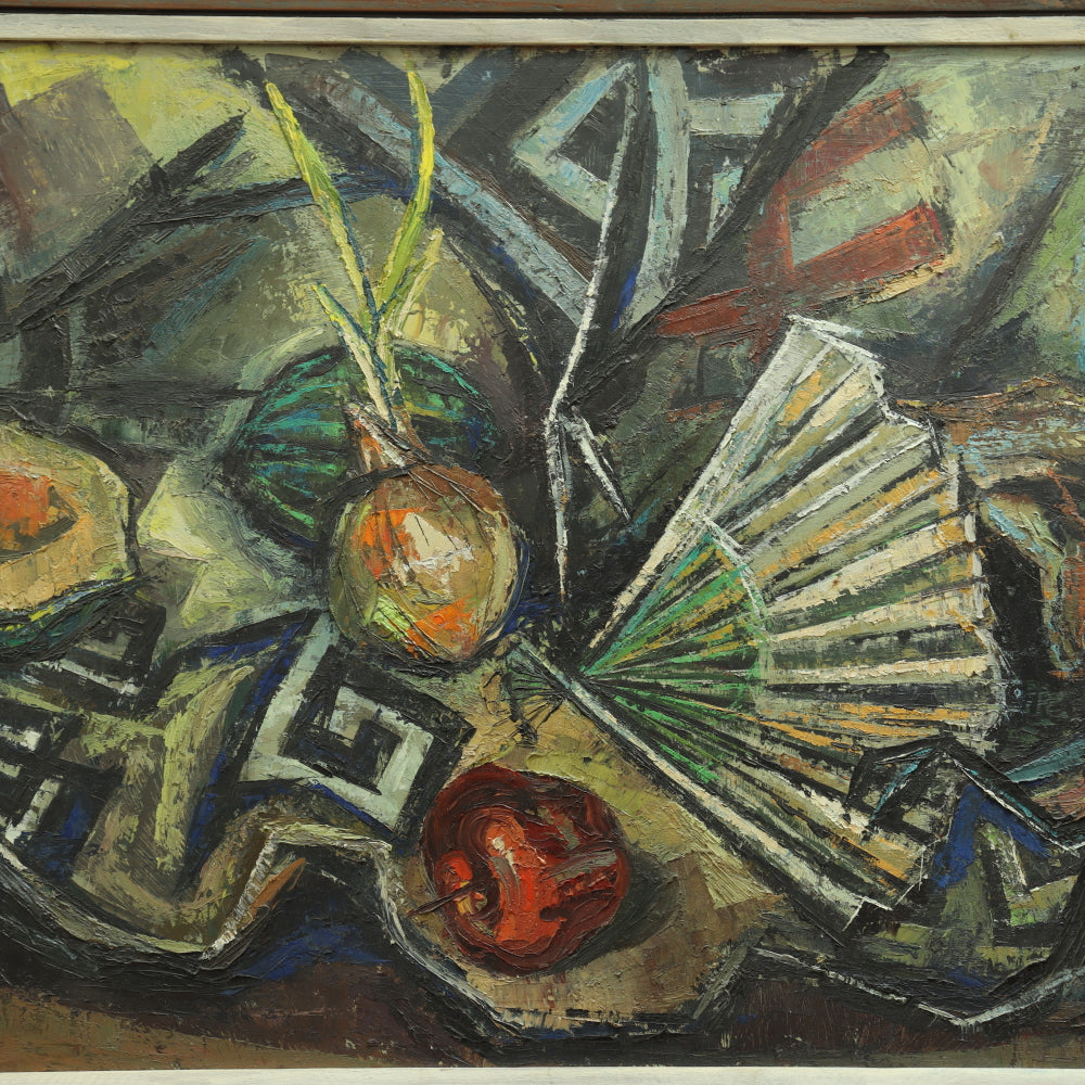 AW684: Martha Luzzi WPA Artist Abstract Still Life Oil on Masonite Circa 1940's