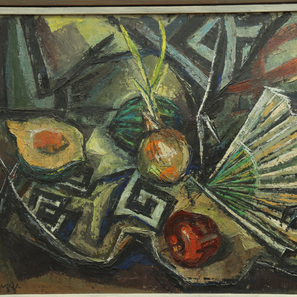 AW684: Martha Luzzi WPA Artist Abstract Still Life Oil on Masonite Circa 1940's