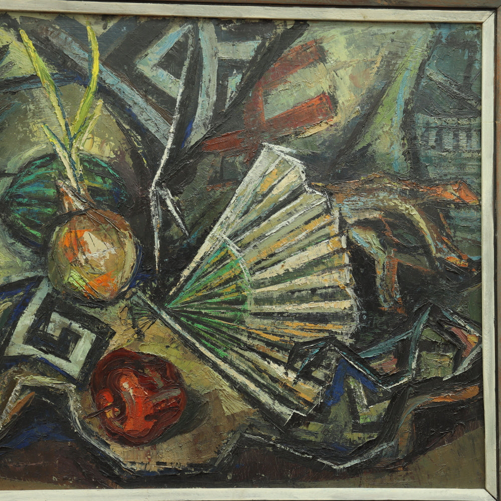 AW684: Martha Luzzi WPA Artist Abstract Still Life Oil on Masonite Circa 1940's