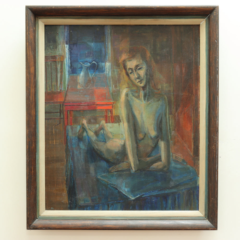 AW693: Mid Century Modernist Nude Oil on Board "Room With Red Table" 1956