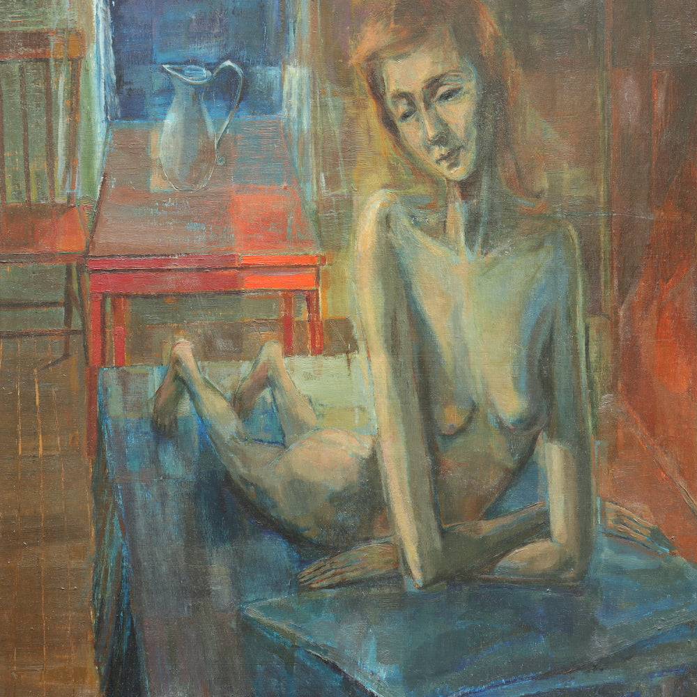 AW693: Mid Century Modernist Nude Oil on Board "Room With Red Table" 1956