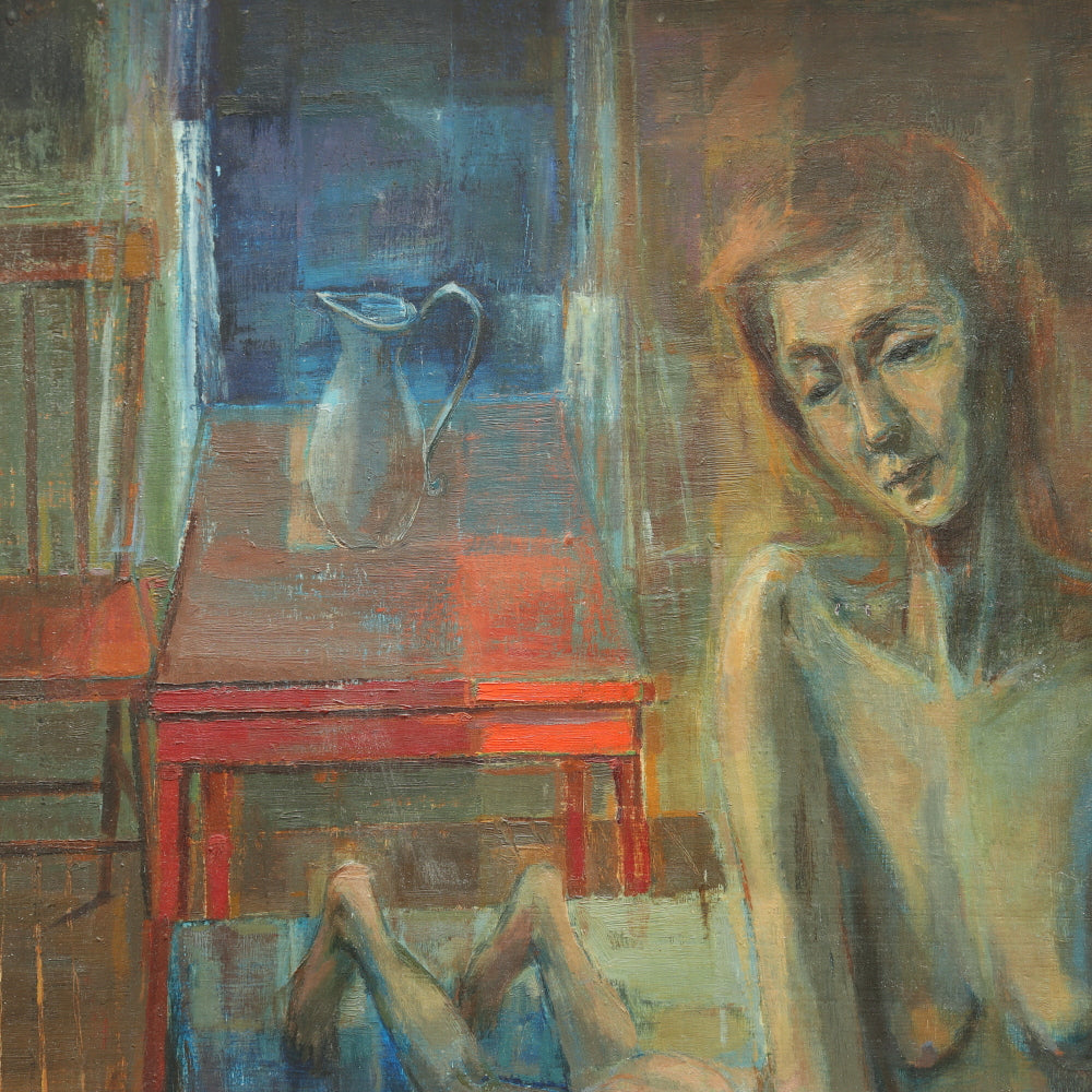 AW693: Mid Century Modernist Nude Oil on Board "Room With Red Table" 1956