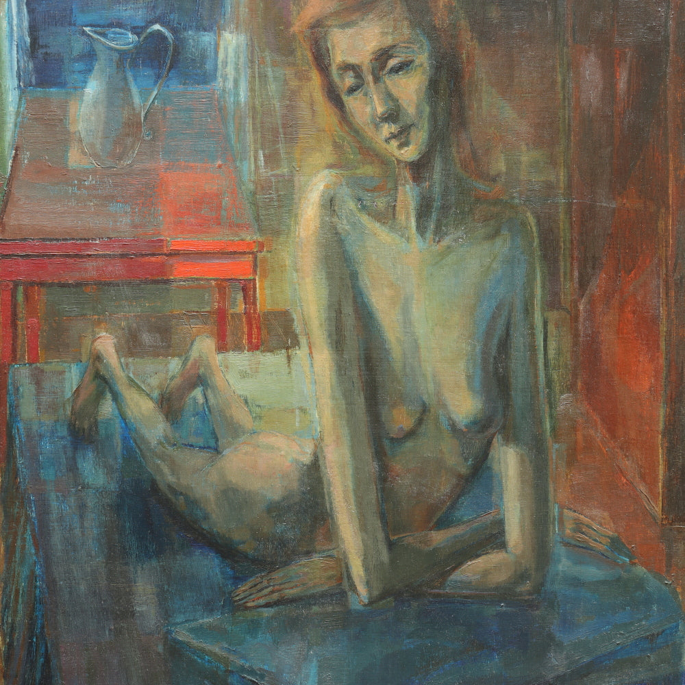 AW693: Mid Century Modernist Nude Oil on Board "Room With Red Table" 1956