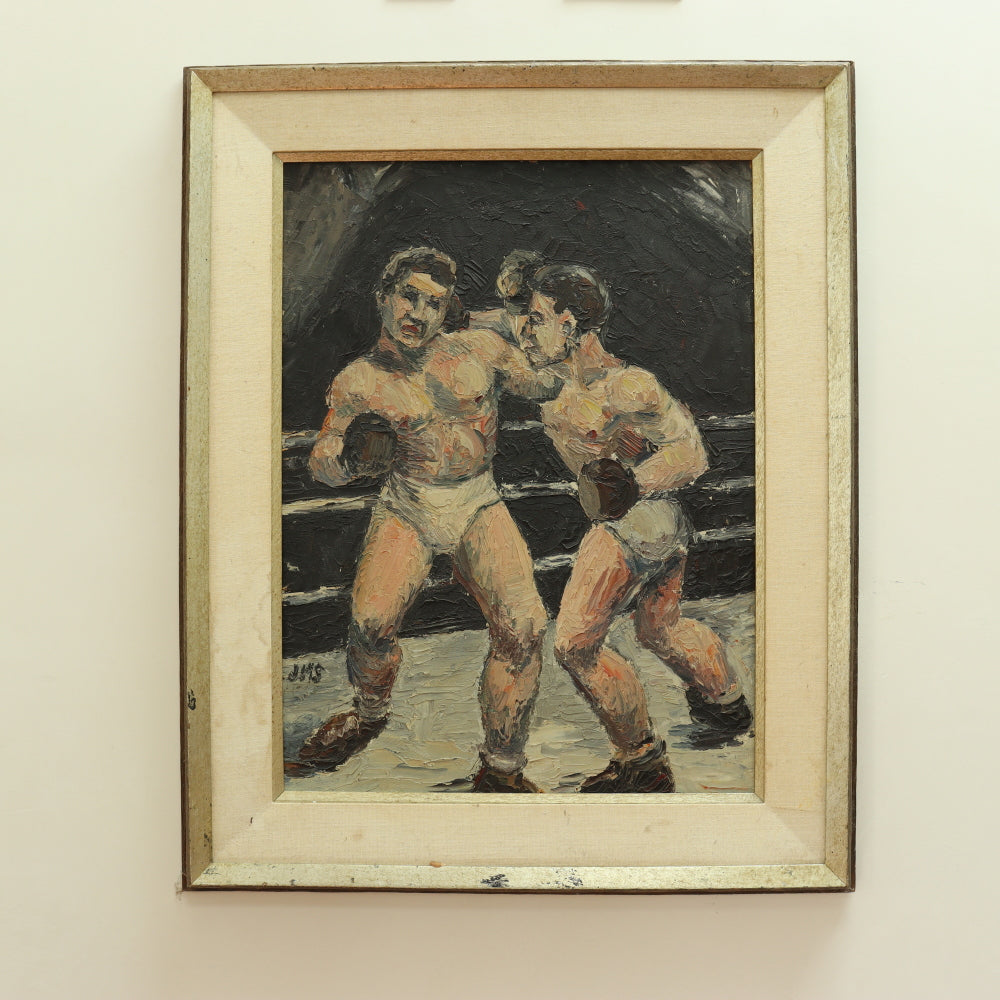 AW695: Circa 1940's American WPA Modernist Painting of Two Boxers in Ring