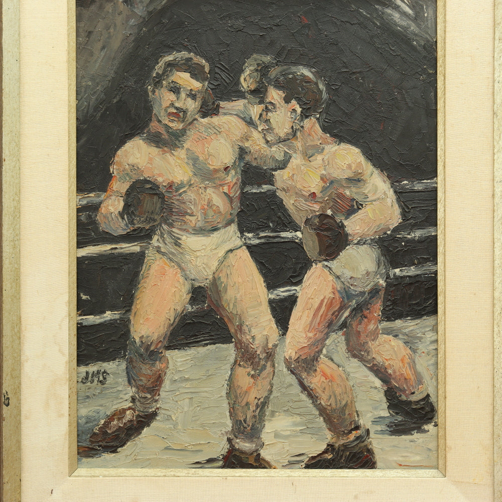 AW695: Circa 1940's American WPA Modernist Painting of Two Boxers in Ring