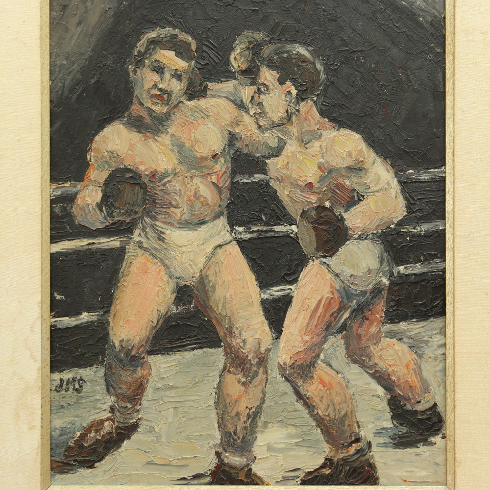 AW695: Circa 1940's American WPA Modernist Painting of Two Boxers in Ring