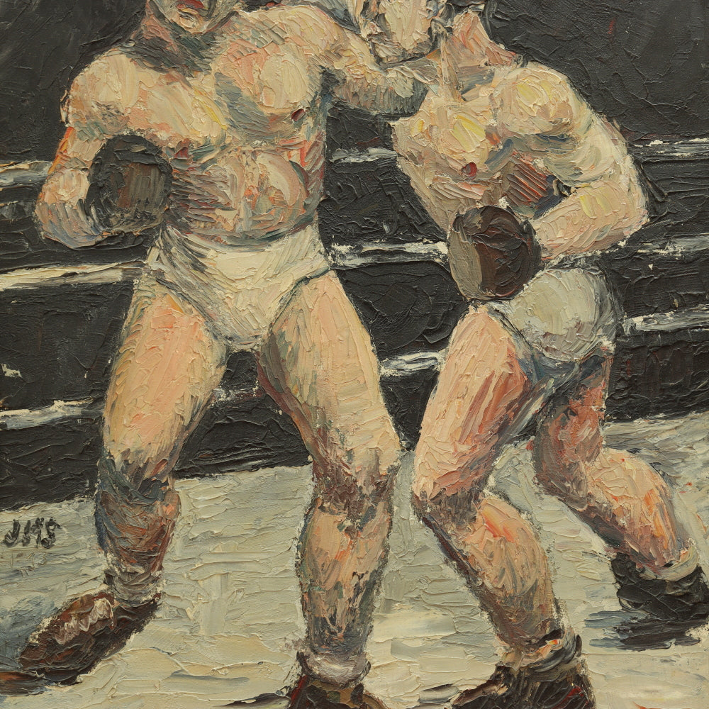 AW695: Circa 1940's American WPA Modernist Painting of Two Boxers in Ring