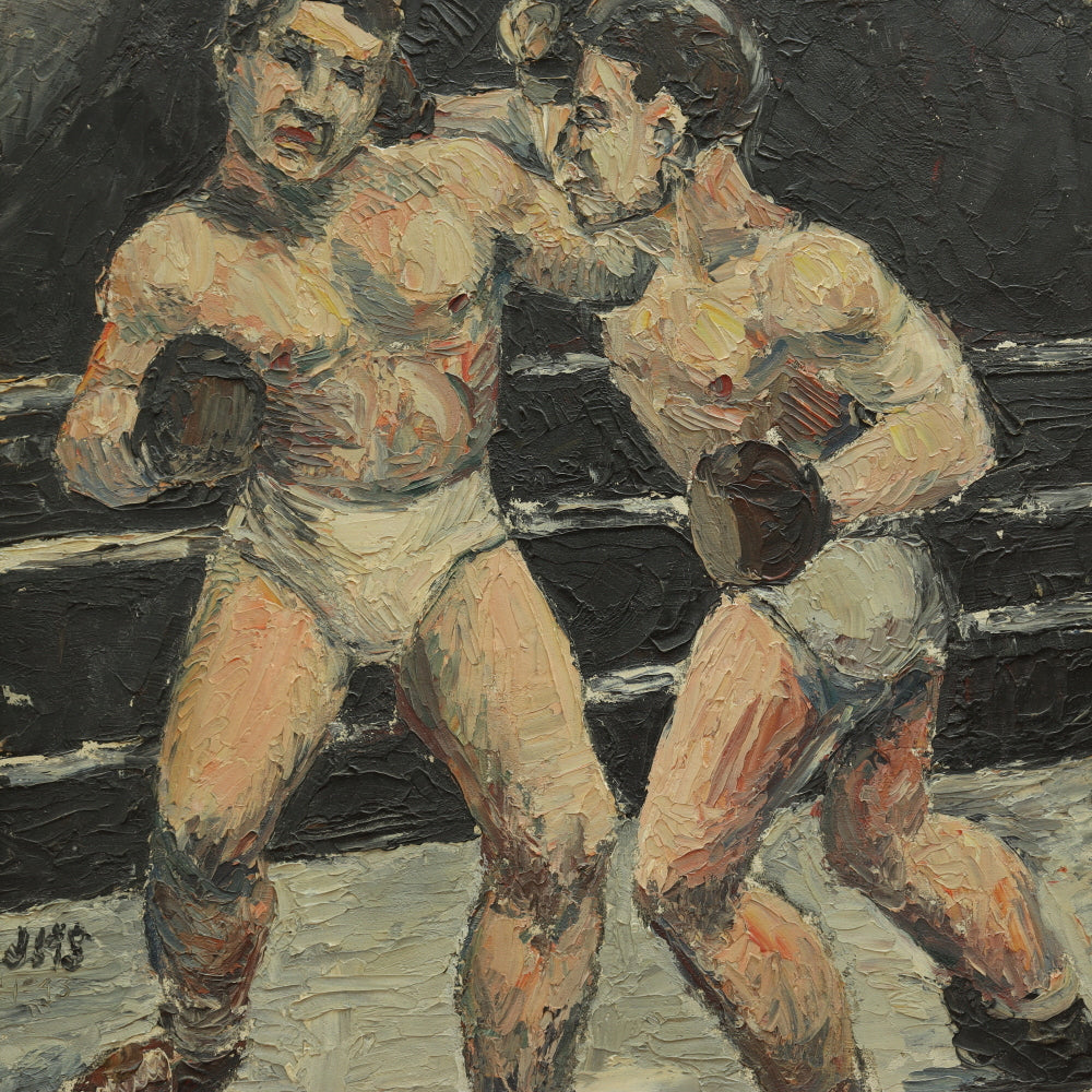 AW695: Circa 1940's American WPA Modernist Painting of Two Boxers in Ring