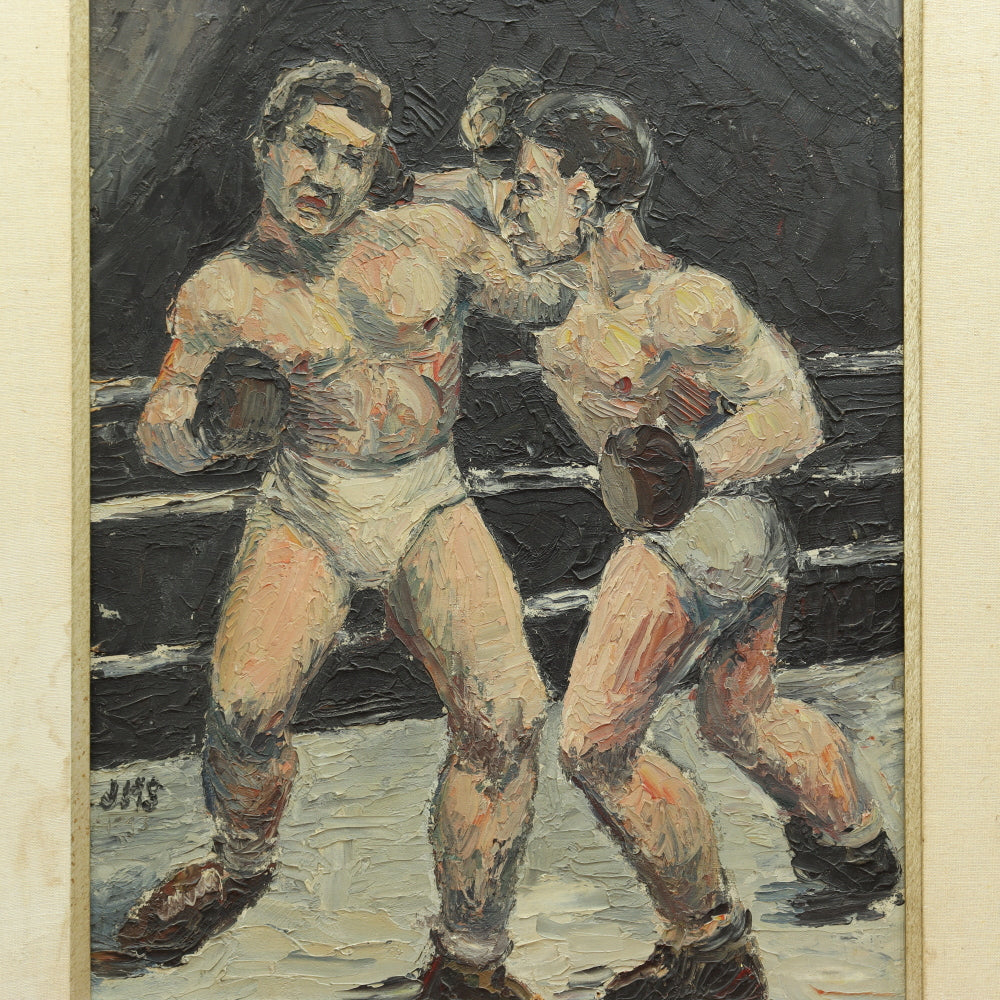 AW695: Circa 1940's American WPA Modernist Painting of Two Boxers in Ring