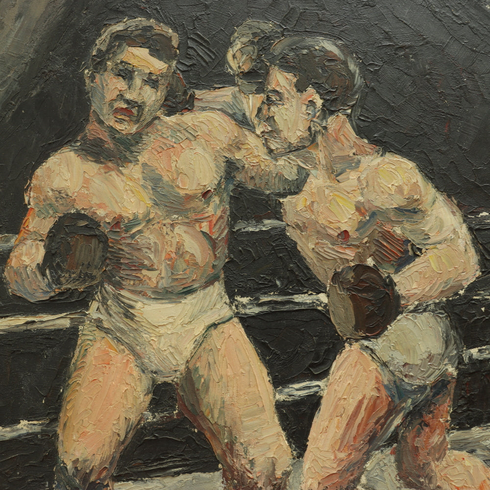 AW695: Circa 1940's American WPA Modernist Painting of Two Boxers in Ring