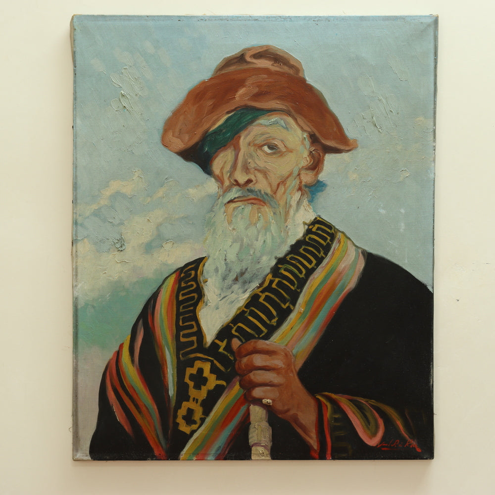 AW696: Man With Staff Illustration Art Oil on Canvas Painting - Early 20th Century