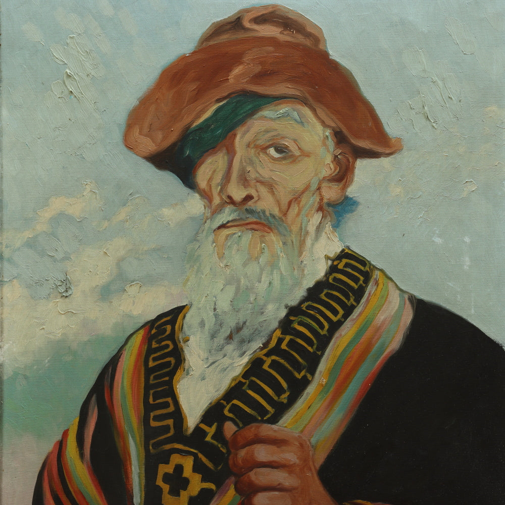 AW696: Man With Staff Illustration Art Oil on Canvas Painting - Early 20th Century