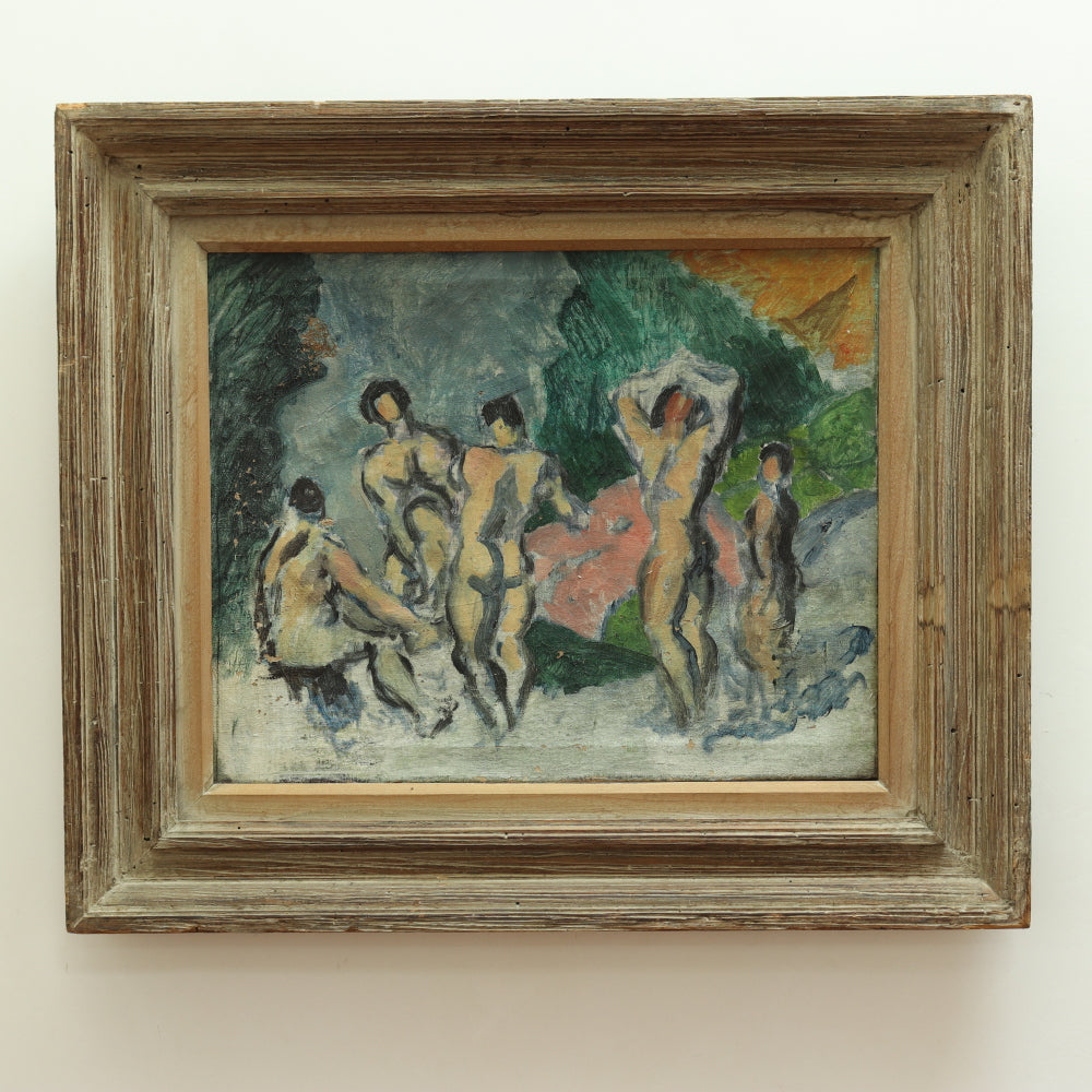 AW698: Early 20th Century Post Impressionist Oil Painting of Bathers in the Manner of Paul Cezanne