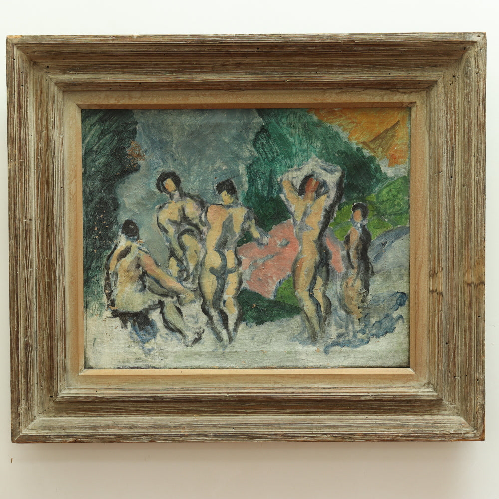 AW698: Early 20th Century Post Impressionist Oil Painting of Bathers in the Manner of Paul Cezanne