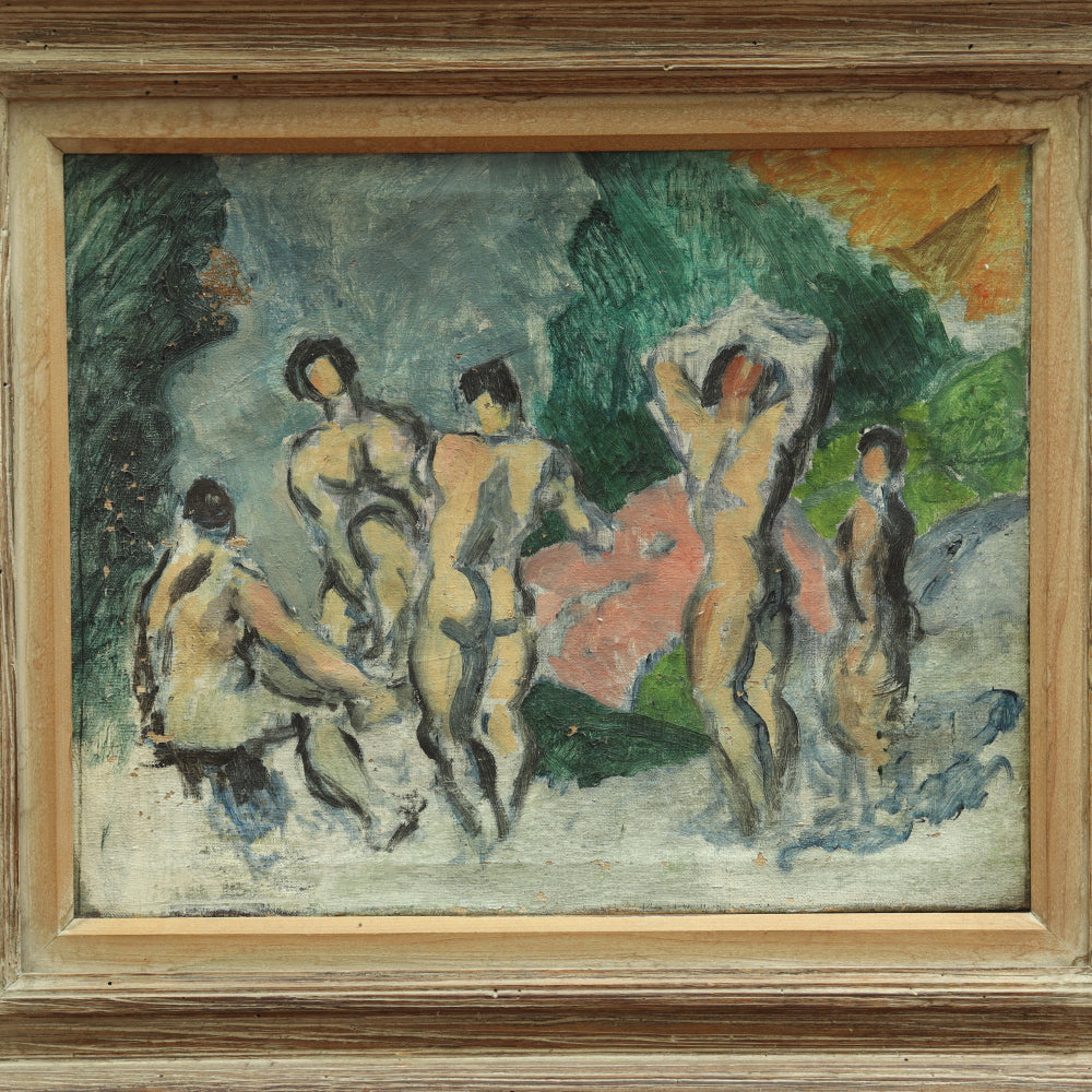 AW698: Early 20th Century Post Impressionist Oil Painting of Bathers in the Manner of Paul Cezanne