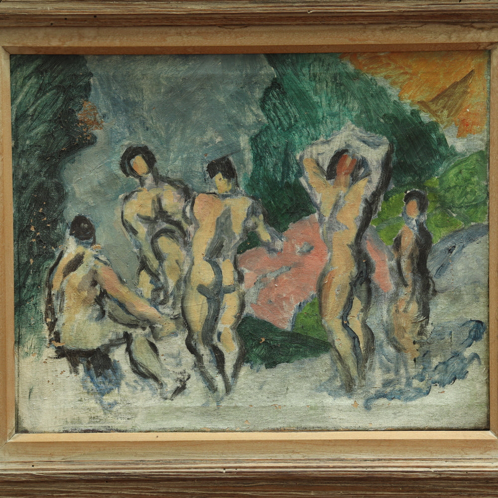 AW698: Early 20th Century Post Impressionist Oil Painting of Bathers in the Manner of Paul Cezanne