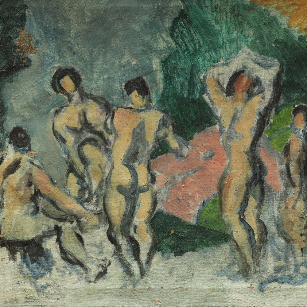 AW698: Early 20th Century Post Impressionist Oil Painting of Bathers in the Manner of Paul Cezanne