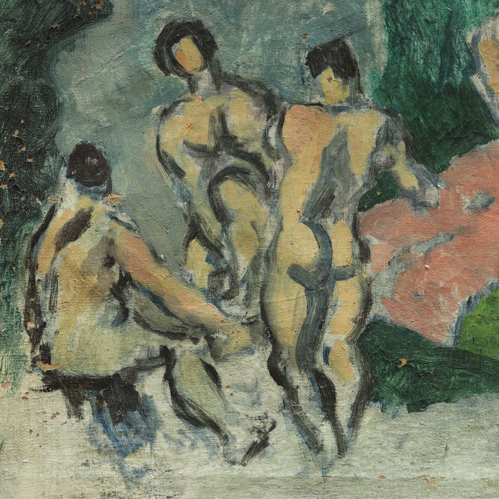 AW698: Early 20th Century Post Impressionist Oil Painting of Bathers in the Manner of Paul Cezanne