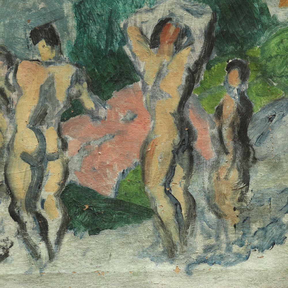 AW698: Early 20th Century Post Impressionist Oil Painting of Bathers in the Manner of Paul Cezanne