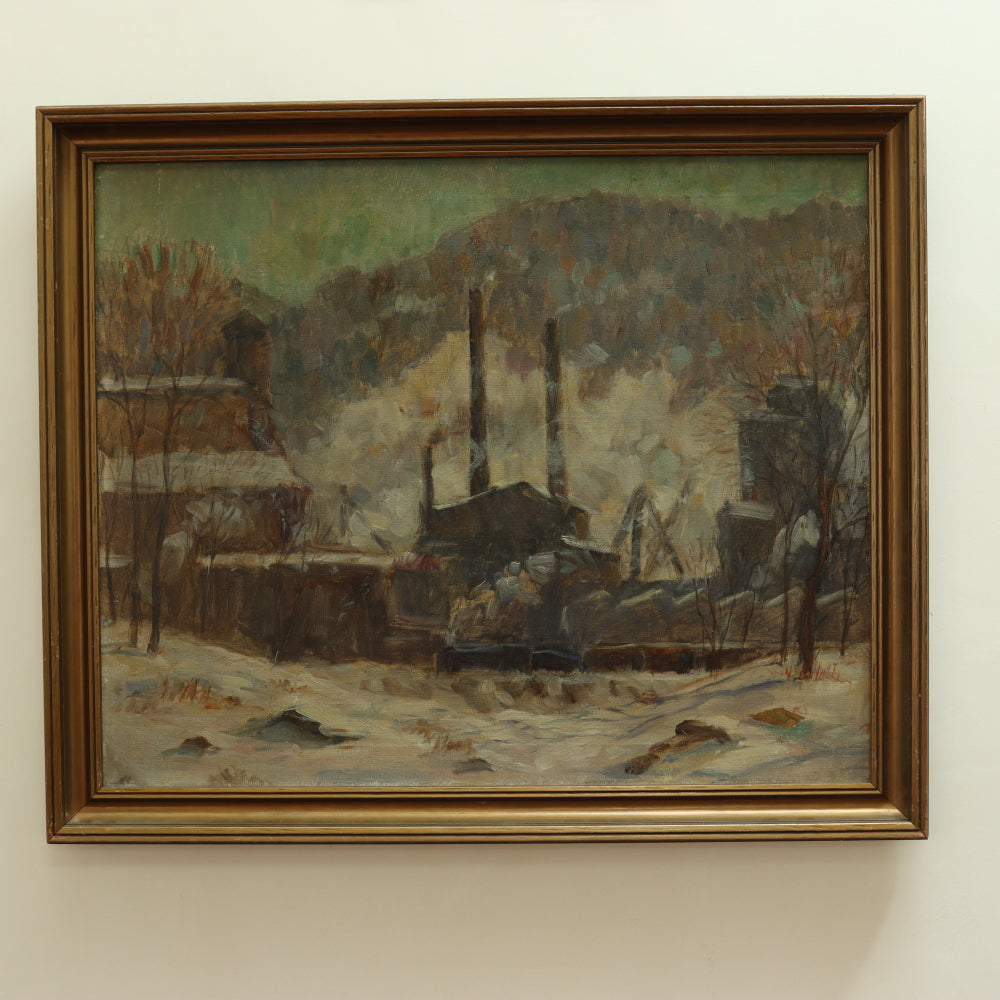 AW701: Arthur Clifton Goodwin American Post Impressionist Oil on Canvas Painting of Rural Factory