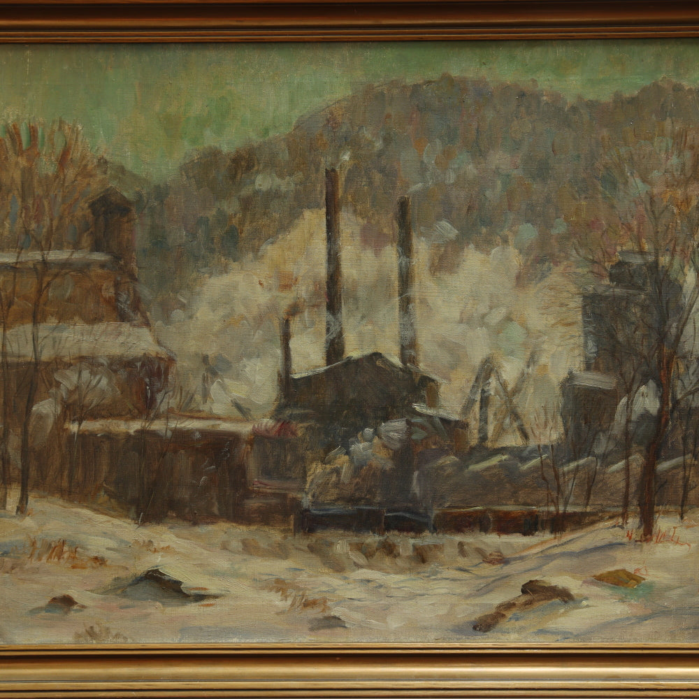 AW701: Arthur Clifton Goodwin American Post Impressionist Oil on Canvas Painting of Rural Factory