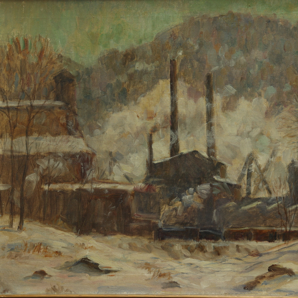 AW701: Arthur Clifton Goodwin American Post Impressionist Oil on Canvas Painting of Rural Factory