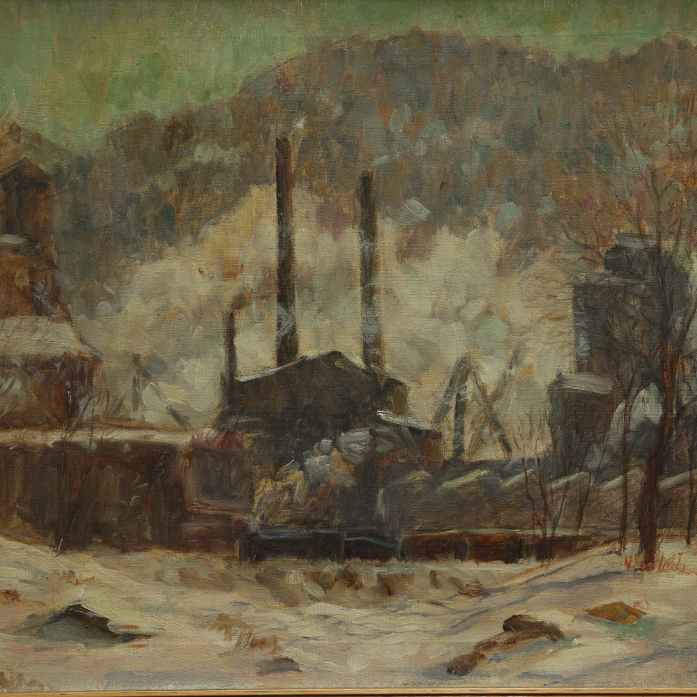 AW701: Arthur Clifton Goodwin American Post Impressionist Oil on Canvas Painting of Rural Factory