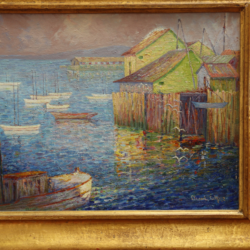 AW095: Sophronia Louise (Nona) White American Post Impressionist Oil on Canvas "Where Ships Go Out To Sea"