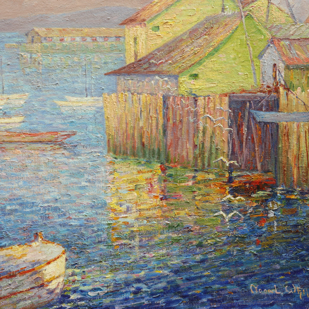 AW095: Sophronia Louise (Nona) White American Post Impressionist Oil on Canvas "Where Ships Go Out To Sea"