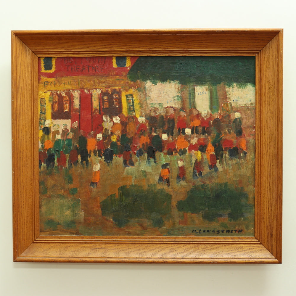 AW725: Mary Longstreth "Saturday Matine" Mid 20th Century Oil on Board