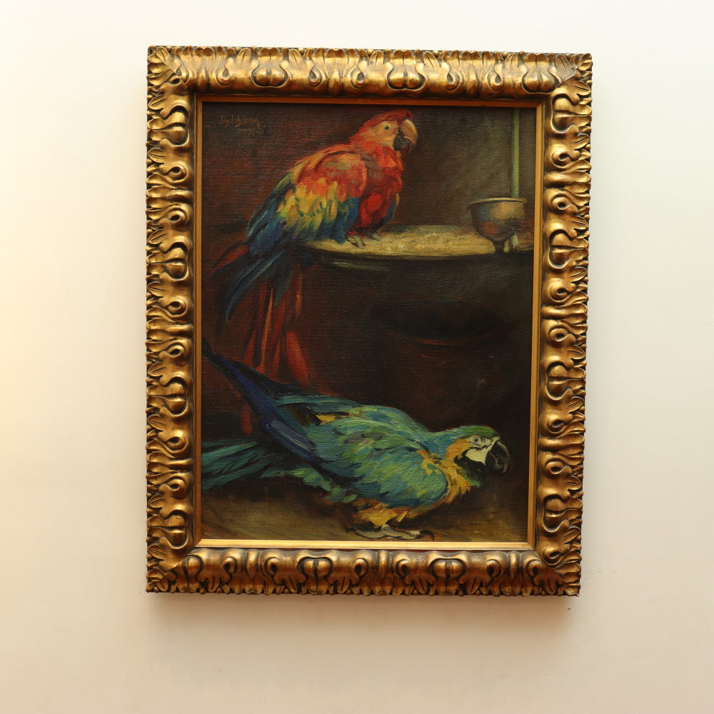 AW730: John JA Dixon "Our Feathered Friends" Oil on Canvas Painting of Two Parrots Circa 1917