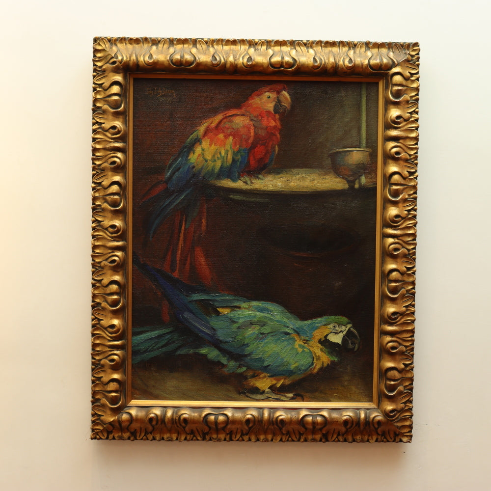 AW730: John JA Dixon "Our Feathered Friends" Oil on Canvas Painting of Two Parrots Circa 1917