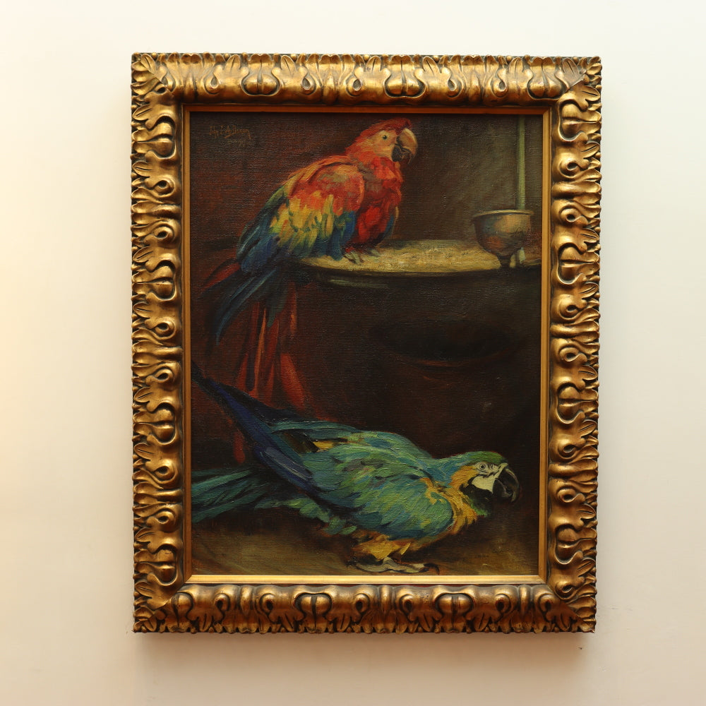 AW730: John JA Dixon "Our Feathered Friends" Oil on Canvas Painting of Two Parrots Circa 1917