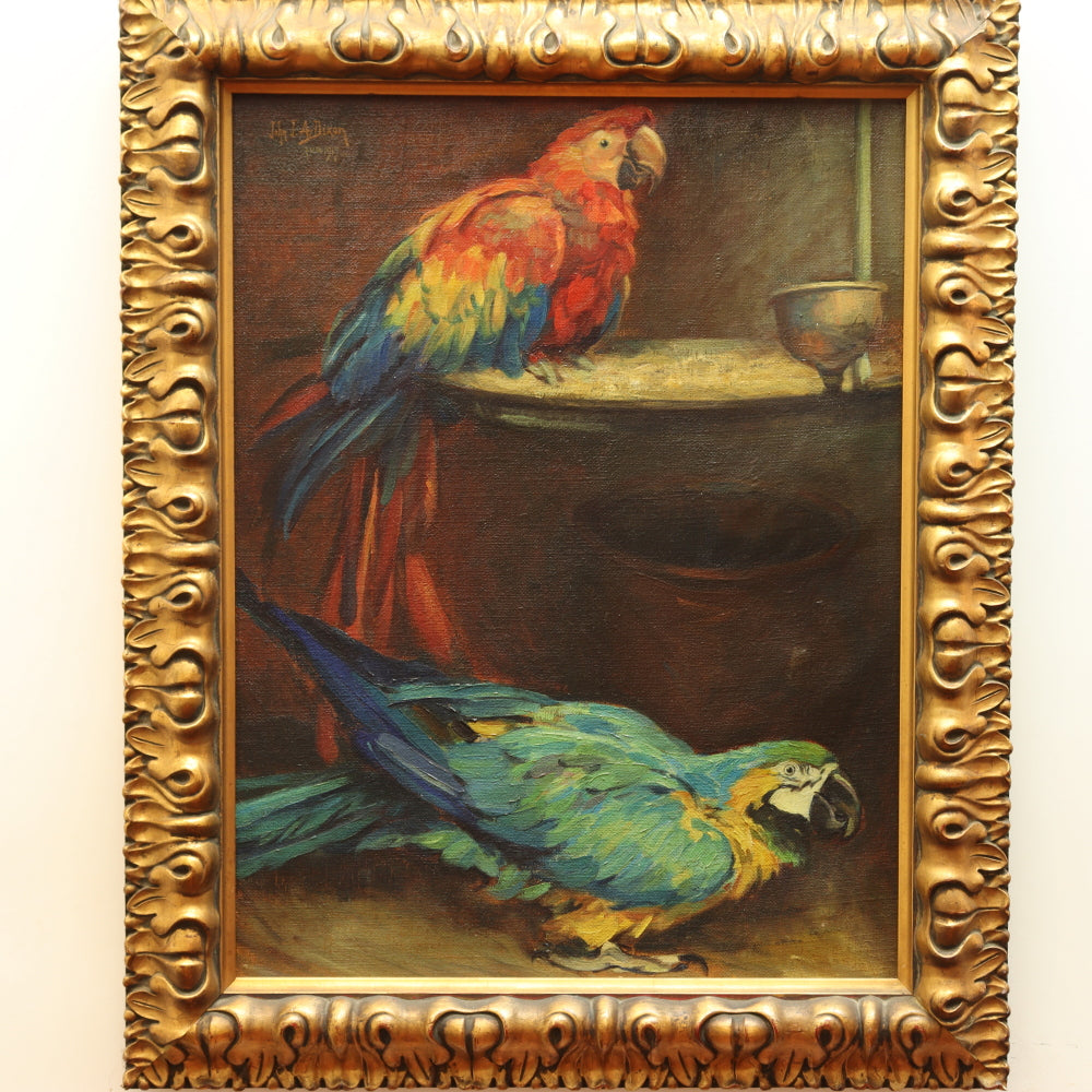 AW730: John JA Dixon "Our Feathered Friends" Oil on Canvas Painting of Two Parrots Circa 1917