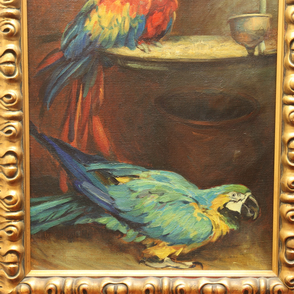 AW730: John JA Dixon "Our Feathered Friends" Oil on Canvas Painting of Two Parrots Circa 1917