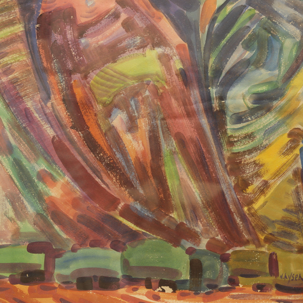 AW4-015:American School Modernist Landscape Gouache on Paper