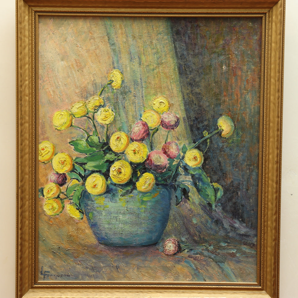 AW212: Lillian Gertrude Prest Ferguson "Chrysanthemums" Post Impressionist Still Life Oil on Canvas Circa 1920's