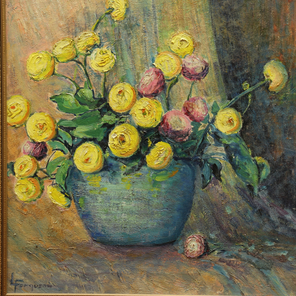 AW212: Lillian Gertrude Prest Ferguson "Chrysanthemums" Post Impressionist Still Life Oil on Canvas Circa 1920's