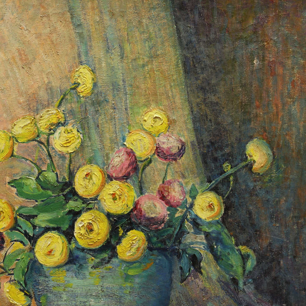 AW212: Lillian Gertrude Prest Ferguson "Chrysanthemums" Post Impressionist Still Life Oil on Canvas Circa 1920's