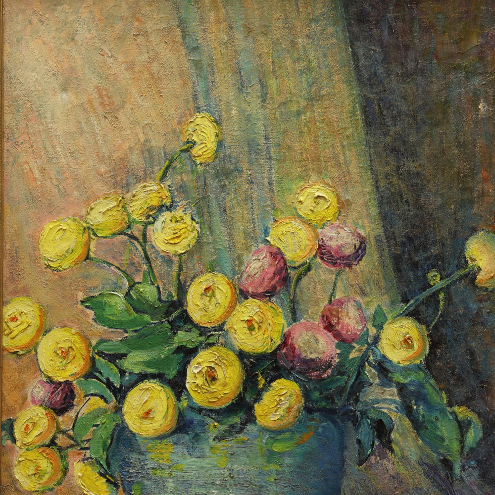 AW212: Lillian Gertrude Prest Ferguson "Chrysanthemums" Post Impressionist Still Life Oil on Canvas Circa 1920's