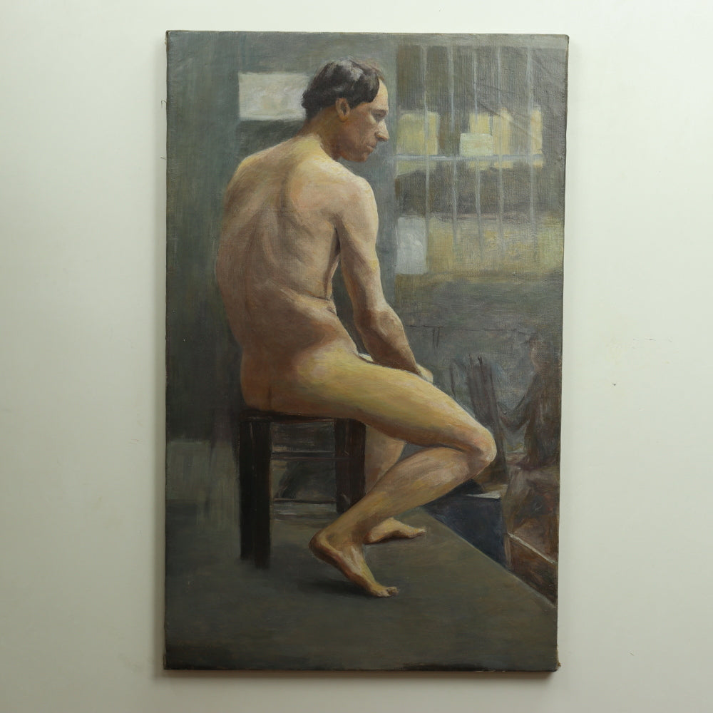 AW738: Early 20th Century French Academy Oil on Canvas Painting of Nude Male Model