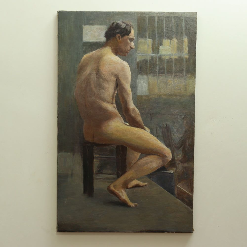 AW738: Early 20th Century French Academy Oil on Canvas Painting of Nude Male Model