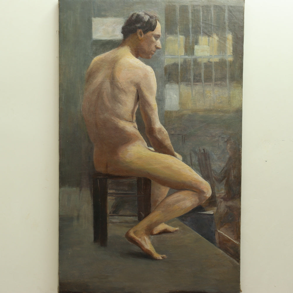 AW738: Early 20th Century French Academy Oil on Canvas Painting of Nude Male Model