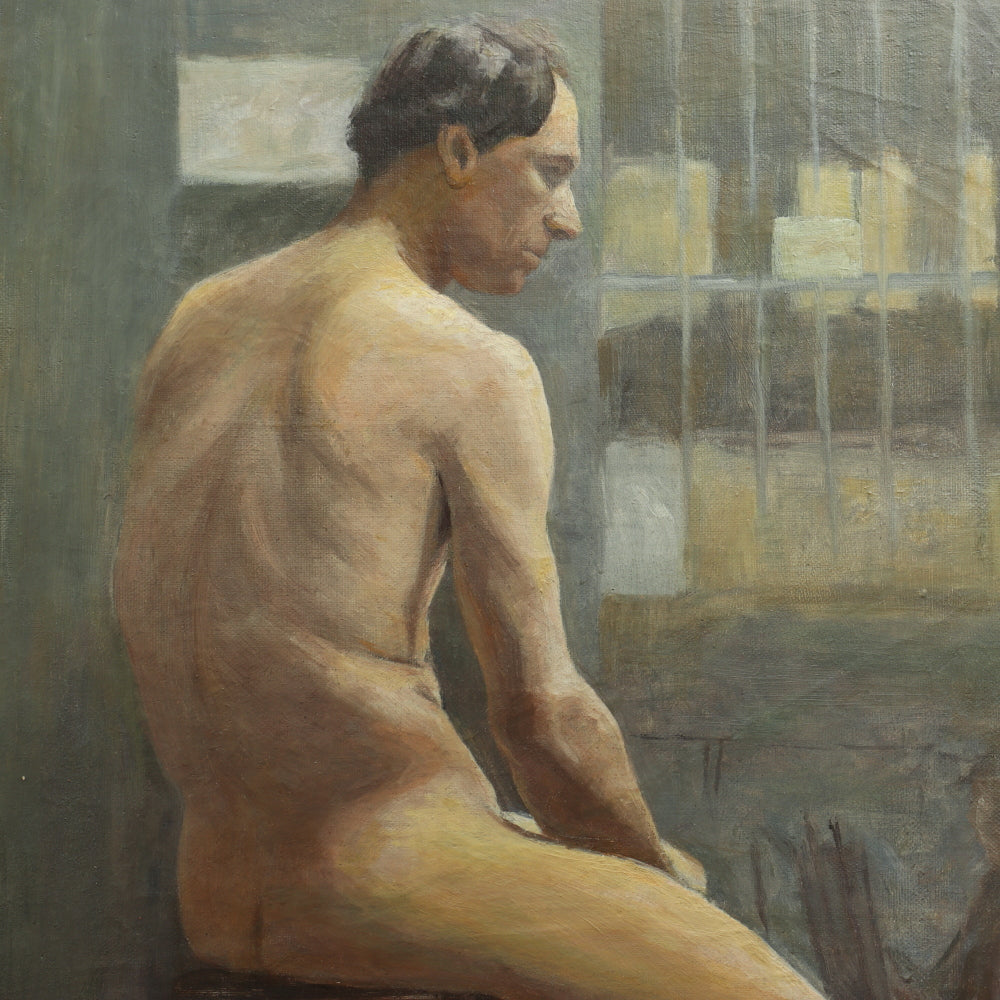 AW738: Early 20th Century French Academy Oil on Canvas Painting of Nude Male Model