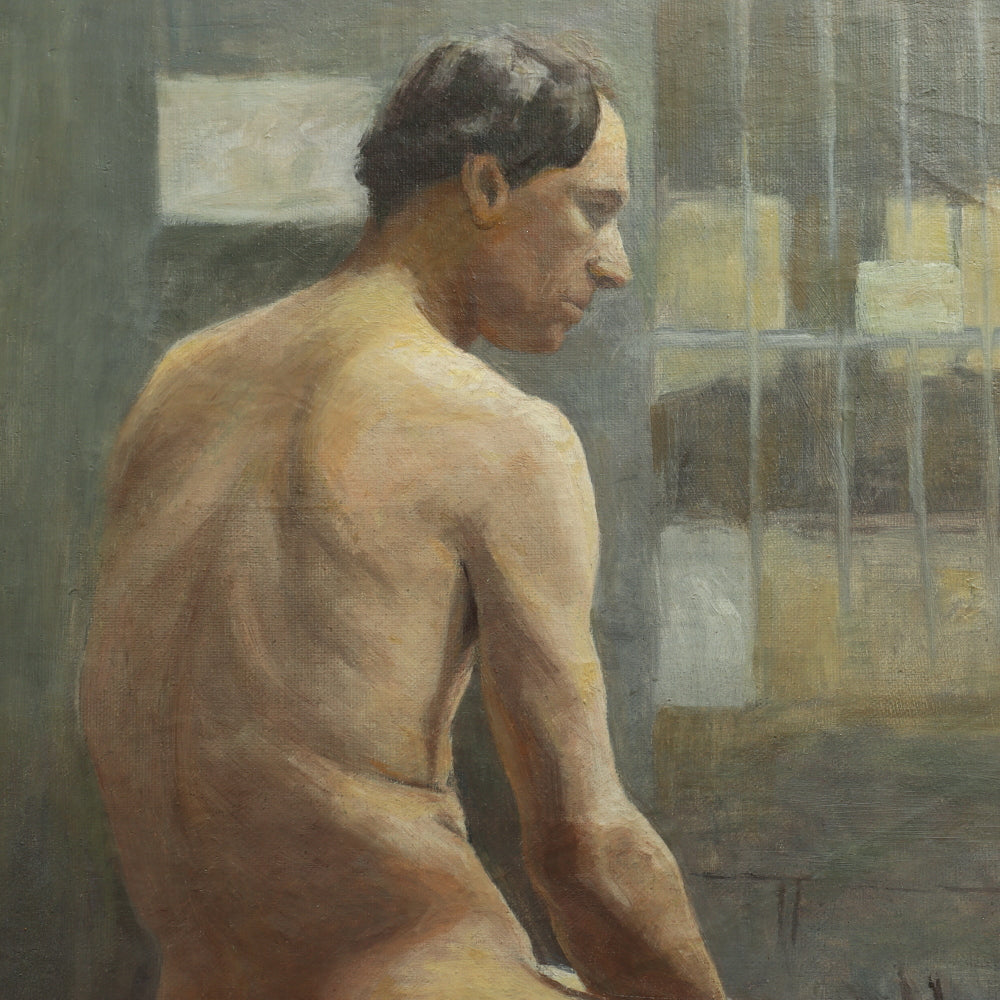 AW738: Early 20th Century French Academy Oil on Canvas Painting of Nude Male Model