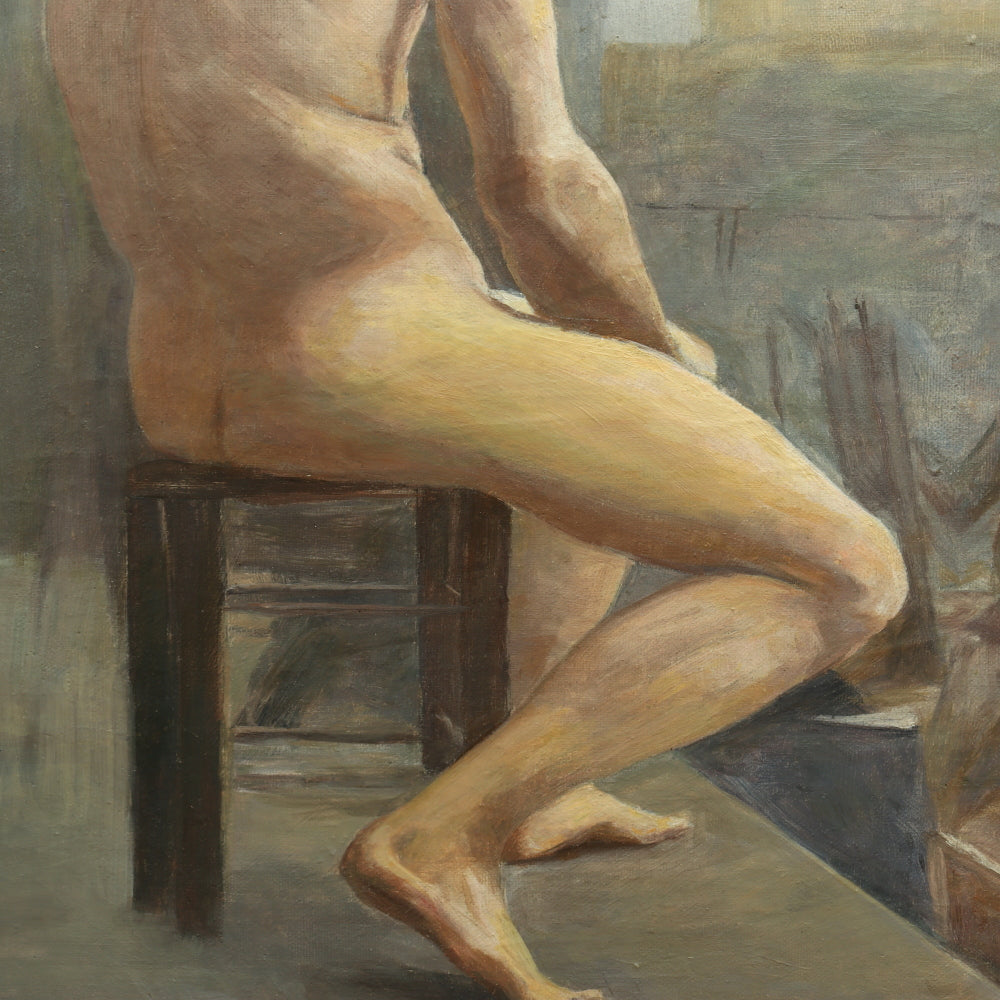 AW738: Early 20th Century French Academy Oil on Canvas Painting of Nude Male Model