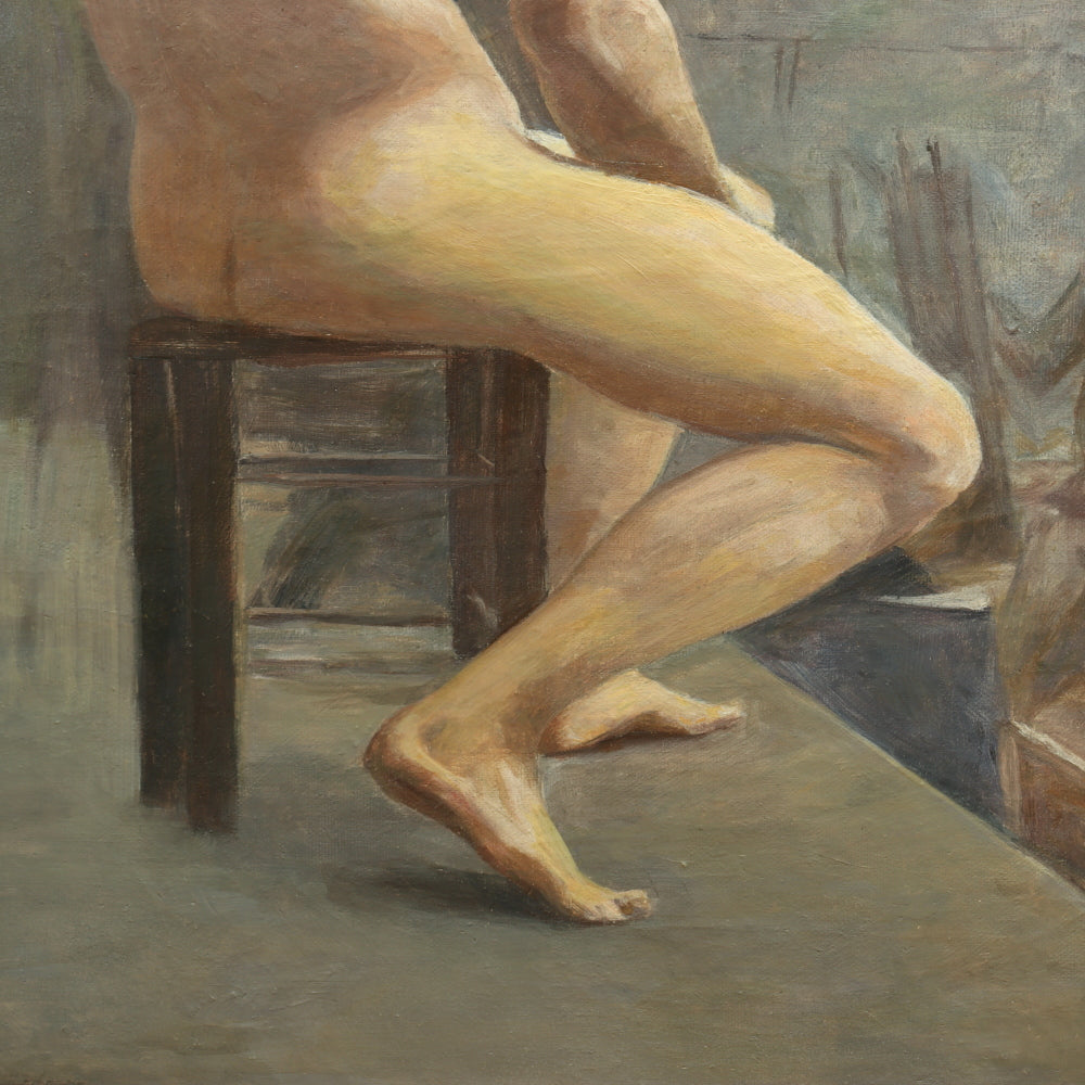 AW738: Early 20th Century French Academy Oil on Canvas Painting of Nude Male Model